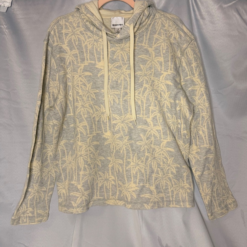 Industry Mens Palm Tree Jacquard Hoodie Grey Cream Tropical Sweatshirt L